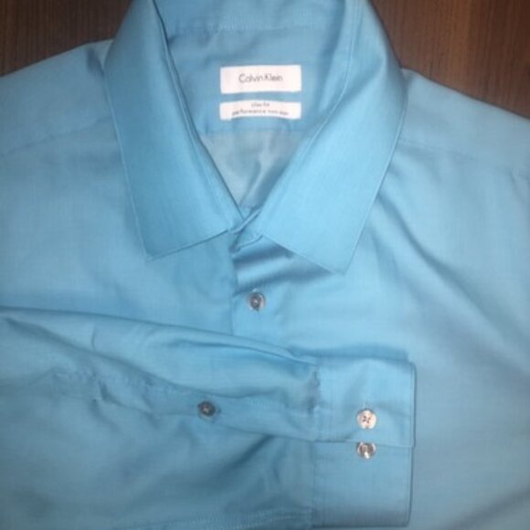 Calvin Klein Mens Large Blue Slim Fit Performance Long Sleeve Button Up Shirt - Picture 1 of 9